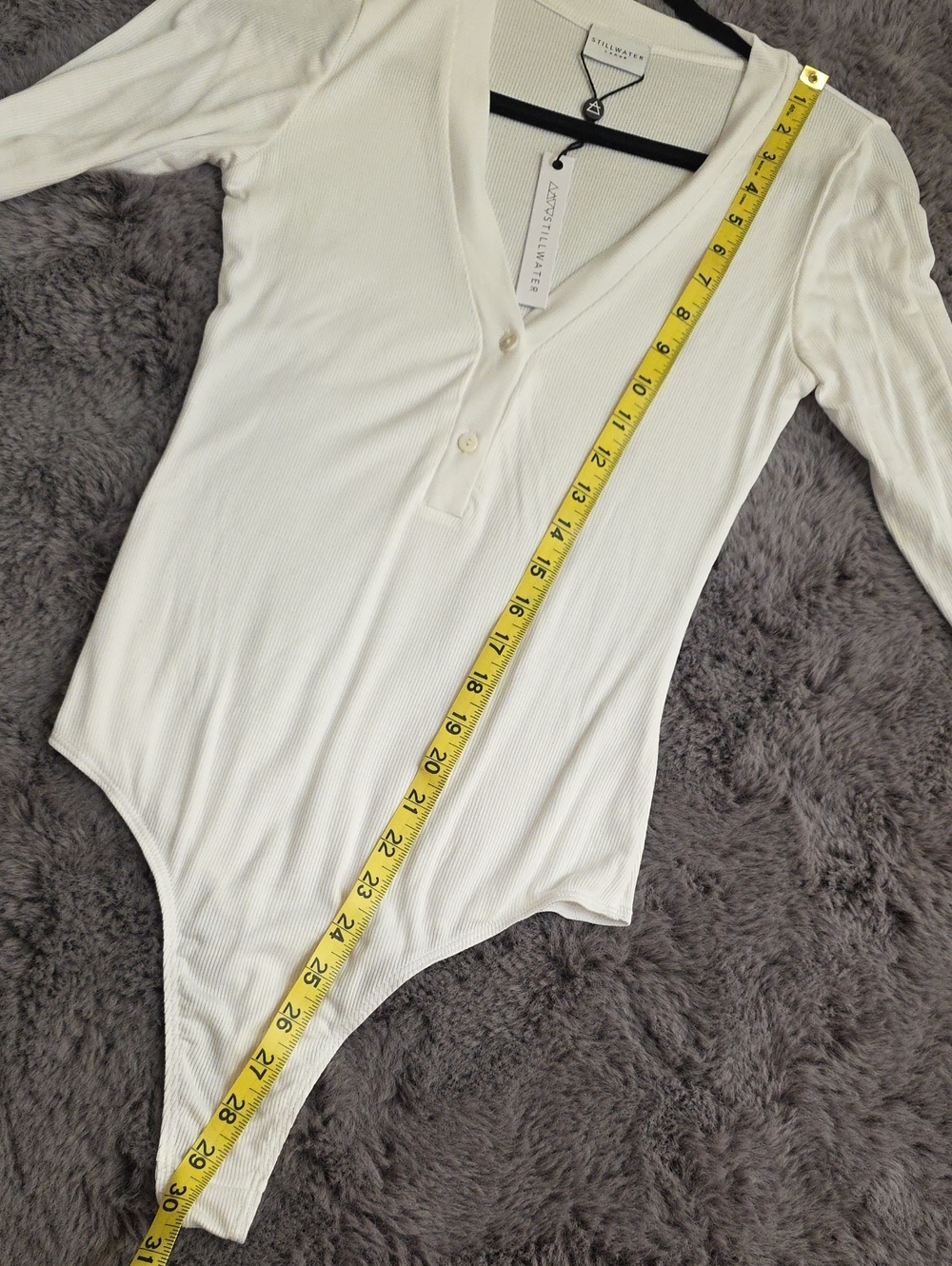 Stillwater Soft Ribbed White Long Long-Sleeve V-Neck Bodysuit Large - Picture 7 of 10